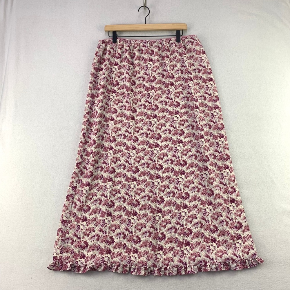 VTG Kathy Ireland Floral Maxi Skirt Women XL Pink Ruffle Hem Elastic Cottage